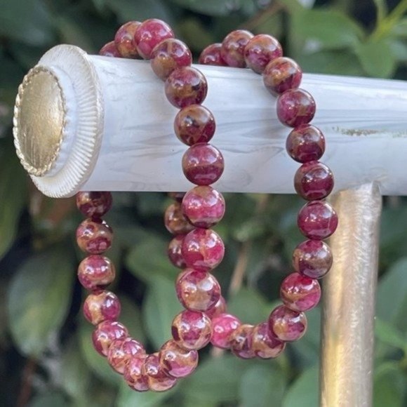 8mm Berry Red Opal Bronzite Stretch Bracelet - Picture 2 of 4